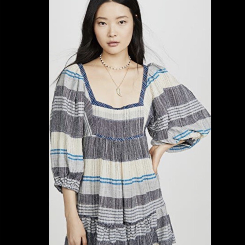EUC Free People Chic Indigo Combo Gauzy mini dress with balloon sleeves sz XS